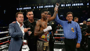 OAKLAND, CA - AUGUST 06: Maurice Hooker celebrates winning his NABO Junior Welterweight Title bout against Tyrone Barnett at ORACLE Arena on August 6, 2016 in Oakland, California. (Photo by Lachlan Cunningham/Getty Images)