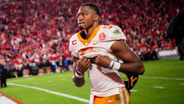 Tennessee quarterback Hendon Hooker (5) walks off the field after Tennessee's game against Georgia at Sanford Stadium in Athens, Ga., on Saturday, Nov. 5, 2022.Kns Vols Georgia Bp
