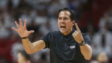 Miami Heat head coach Erik Spoelstra reacts toward a game official in the third quarter against the Philadelphia 76ers(Sam Navarro-USA TODAY Sports)