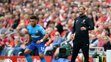 LIVERPOOL, ENGLAND - AUGUST 27: Jurgen Klopp, Manager of Liverpool reacts as Alex Oxlade-Chamberlain of Arsenal controls the ball during the Premier League match between Liverpool and Arsenal at Anfield on August 27, 2017 in Liverpool, England. (Photo by Michael Regan/Getty Images)