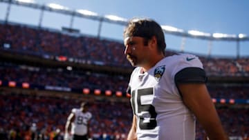 DENVER, CO - SEPTEMBER 29: Quarterback Gardner Minshew #15 of the Jacksonville Jaguars walks off the field during halftime against the Denver Broncos at Empower Field at Mile High on September 29, 2019 in Denver, Colorado. (Photo by Justin Edmonds/Getty Images)