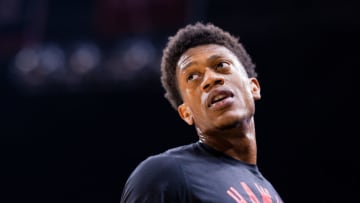 ATLANTA, GA - MARCH 18: De'Andre Hunter #12 of the Atlanta Hawks warms up before a game against the Memphis Grizzlies at State Farm Arena on March 18, 2022 in Atlanta, Georgia. NOTE TO USER: User expressly acknowledges and agrees that, by downloading and or using this photograph, User is consenting to the terms and conditions of the Getty Images License Agreement. (Photo by Casey Sykes/Getty Images)