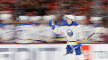 Jan 3, 2023; Washington, District of Columbia, USA; Buffalo Sabres center Tage Thompson (72) celebrates with teammates after scoring a goal against the Washington Capitals in the first period at Capital One Arena. Mandatory Credit: Geoff Burke-USA TODAY Sports