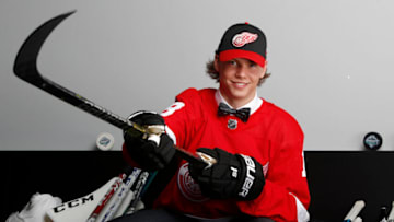 VANCOUVER, BRITISH COLUMBIA - JUNE 21: Moritz Seider poses for a portrait after being selected sixth overall by the Detroit Red Wings during the first round of the 2019 NHL Draft at Rogers Arena on June 21, 2019 in Vancouver, Canada. (Photo by Kevin Light/Getty Images)