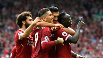 LIVERPOOL, ENGLAND - AUGUST 27: Sadio Mane of Liverpool celebrates scoring his sides second goal with his Liverpool team mates during the Premier League match between Liverpool and Arsenal at Anfield on August 27, 2017 in Liverpool, England. (Photo by Michael Regan/Getty Images)