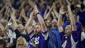 Oct 3, 2016; Minneapolis, MN, USA; Minnesota Vikings fans cheer on their team against the New York Giants at U.S. Bank Stadium. The Vikings won 24-10. Mandatory Credit: Bruce Kluckhohn-USA TODAY Sports