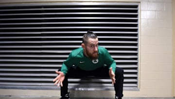 PHILADELPHIA, PA - OCTOBER 6: Aron Baynes #46 of the Boston Celtics stretches before the game against the Philadelphia 76ers on October 6, 2017 in Philadelphia, Pennsylvania at the Wells Fargo Center. NOTE TO USER: User expressly acknowledges and agrees that, by downloading and/or using this Photograph, user is consenting to the terms and conditions of the Getty Images License Agreement. Mandatory Copyright Notice: Copyright 2017 NBAE (Photo by Brian Babineau/NBAE via Getty Images)