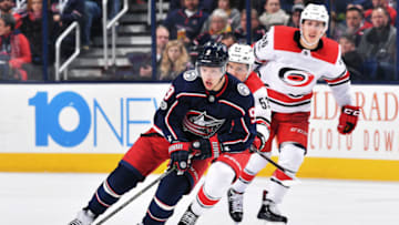 COLUMBUS, OH - NOVEMBER 28: Artemi Panarin #9 of the Columbus Blue Jackets skates against the Carolina Hurricanes on November 28, 2017 at Nationwide Arena in Columbus, Ohio. (Photo by Jamie Sabau/NHLI via Getty Images)