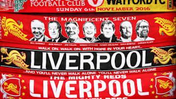 LIVERPOOL, ENGLAND - NOVEMBER 06: Scarves are sold prior to the Premier League match between Liverpool and Watford at Anfield on November 6, 2016 in Liverpool, England. (Photo by Clive Brunskill/Getty Images)