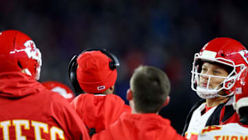 FOXBOROUGH, MASSACHUSETTS - DECEMBER 08: Patrick Mahomes #15 of the Kansas City Chiefs watches a replay on the jumbotron during the game against the New England Patriots at Gillette Stadium on December 08, 2019 in Foxborough, Massachusetts. (Photo by Maddie Meyer/Getty Images)