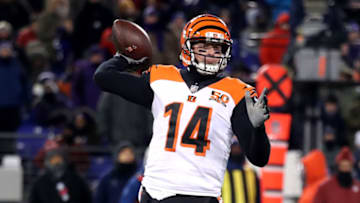 BALTIMORE, MD - DECEMBER 31: Quarterback Andy Dalton #14 of the Cincinnati Bengals throws a pass against the Baltimore Ravens in the second half at M&T Bank Stadium on December 31, 2017 in Baltimore, Maryland. (Photo by Rob Carr/Getty Images)