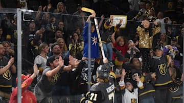 LAS VEGAS, NEVADA - SEPTEMBER 29: William Karlsson #71 of the Vegas Golden Knights gives his stick to a young fan after defeating the San Jose Sharks at T-Mobile Arena on September 29, 2019 in Las Vegas, Nevada. (Photo by David Becker/NHLI via Getty Images)