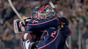 COLUMBUS, OH - APRIL 14: Columbus Blue Jackets left wing Nick Foligno (71) and Columbus Blue Jackets goaltender Sergei Bobrovsky (72) hug after winning game three of a Stanley Cup first round playoff game between the Columbus Blue Jackets and the Tampa Bay Lightning on April 14, 2019 at Nationwide Arena in Columbus, OH. (Photo by Adam Lacy/Icon Sportswire via Getty Images)