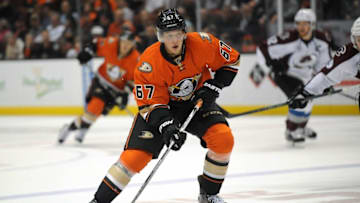 October 16, 2015; Anaheim, CA, USA; Anaheim Ducks center Rickard Rakell (67) moves in for a shot on goal against the Colorado Avalanche during the second period at Honda Center. Mandatory Credit: Gary A. Vasquez-USA TODAY Sports
