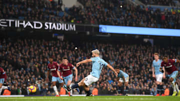 MANCHESTER, ENGLAND - FEBRUARY 27: Sergio Aguero of Manchester City scores his team's first goal from the penalty spotduring the Premier League match between Manchester City and West Ham United at Etihad Stadium on February 27, 2019 in Manchester, United Kingdom. (Photo by Laurence Griffiths/Getty Images)