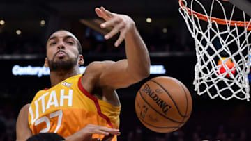 SALT LAKE CITY, UT - MARCH 11: Rudy Gobert #27 of the Utah Jazz blocks the shot by Markieff Morris #5 of the Oklahoma City Thunder in the first half of a NBA game at Vivint Smart Home Arena on March 11, 2019 in Salt Lake City, Utah. NOTE TO USER: User expressly acknowledges and agrees that, by downloading and or using this photograph, User is consenting to the terms and conditions of the Getty Images License Agreement. (Photo by Gene Sweeney Jr./Getty Images)