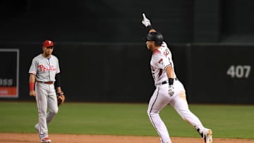 PHOENIX, AZ - AUGUST 06: David Peralta #6 of the Arizona Diamondbacks rounds the bases after hitting the game winning home run in the fourteenth inning against the Philadelphia Phillies at Chase Field on August 6, 2018 in Phoenix, Arizona. Diamondbacks won 3-2. (Photo by Norm Hall/Getty Images)