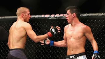 BOSTON, MA - JANUARY 17: T.J. Dillashaw (L) greets Dominick Cruz after their bantamweight bout during UFC Fight Night 81 at TD Banknorth Garden on January 17, 2016 in Boston, Massachusetts. (Photo by Maddie Meyer/Getty Images)