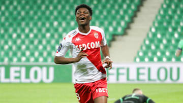 SAINT-ETIENNE, FRANCE - MARCH 19: Aurelien Tchouameni of Monaco celebrates his goal during the Ligue 1 match between AS Saint-Etienne (ASSE) and AS Monaco (ASM) at Stade Geoffroy-Guichard on March 19, 2021 in Saint-Etienne, France. (Photo by John Berry/Getty Images)