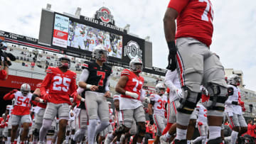 COLUMBUS, OH - APRIL 17: The Ohio State Buckeyes take the field to warm up before their Spring Game at Ohio Stadium on April 17, 2021 in Columbus, Ohio. (Photo by Jamie Sabau/Getty Images)