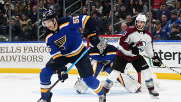 ST. LOUIS, MO - APRIL 01: St. Louis Blues defenseman Colton Parayko (55) with the puck during a NHL game between the Colorado Avalanche and the St. Louis Blues on April 01, 2019, at Enterprise Center, St. Louis, MO. (Photo by Keith Gillett/Icon Sportswire via Getty Images)