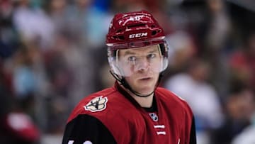 Mar 17, 2016; Glendale, AZ, USA; Arizona Coyotes left wing Alex Tanguay (40) looks on during the second period against the San Jose Sharks at Gila River Arena. Mandatory Credit: Matt Kartozian-USA TODAY Sports
