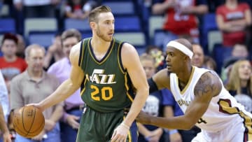 Mar 5, 2016; New Orleans, LA, USA; Utah Jazz forward Gordon Hayward (20) dribbles against New Orleans Pelicans forward Dante Cunningham (44) during the first quarter of the game at the Smoothie King Center. Mandatory Credit: Matt Bush-USA TODAY Sports
