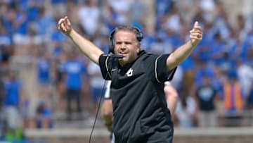 DURHAM, NC - SEPTEMBER 16: Head coach Matt Rhule of the Baylor Bears reacts during the game against the Duke Blue Devils at Wallace Wade Stadium on September 16, 2017 in Durham, North Carolina. (Photo by Grant Halverson/Getty Images)