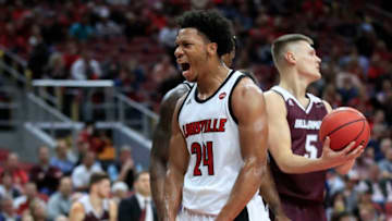 LOUISVILLE, KENTUCKY - OCTOBER 29: Dwayne Sutton #24 of the Louisville Cardinals celebrates in the game against the Bellarmine Knights during an exhibition game at KFC YUM! Center on October 29, 2019 in Louisville, Kentucky. (Photo by Andy Lyons/Getty Images)