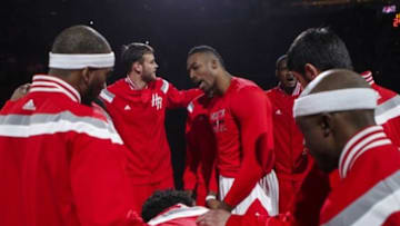 Dec 29, 2014; Houston, TX, USA; Houston Rockets center Dwight Howard (12) and teammates huddle before a game against the Washington Wizards at Toyota Center. Mandatory Credit: Troy Taormina-USA TODAY Sports