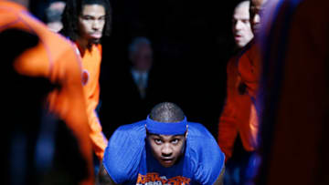 BOSTON, MA - MARCH 26: New York Knicks small forward Carmelo Anthony (7) is seen prior to the New York Knicks 100-85 victory over the Boston Celtics at TD Garden on March 26, 2013 in Boston, Massachusetts. NOTE TO USER: User expressly acknowledges and agrees that, by downloading and or using this photograph, User is consenting to the terms and conditions of the Getty Images License Agreement. (Photo by Chris Elise/Getty Images)