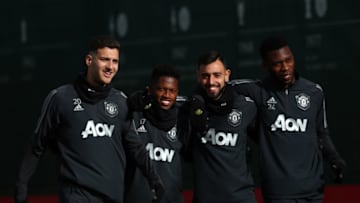 MANCHESTER, ENGLAND - FEBRUARY 26: Diogo Dalot, Fred, Bruno Fernandes and Tim Fosu-Mensah of Manchester United arrive during a training session ahead of their UEFA Europa League round of 32 second leg match against Club Brugge at Aon Training Complex on February 26, 2020 in Manchester, United Kingdom. (Photo by Jan Kruger/Getty Images)