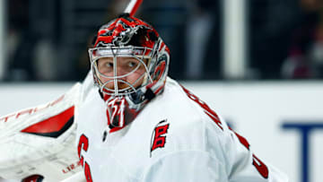 LOS ANGELES, CALIFORNIA - NOVEMBER 20: Frederik Andersen #31 of the Carolina Hurricanes in the second period at Staples Center on November 20, 2021 in Los Angeles, California. (Photo by Ronald Martinez/Getty Images)