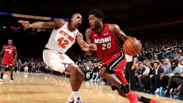 NEW YORK, NY - NOVEMBER 29: Justise Winslow #20 of the Miami Heat handles the ball during the game against the New York Knicks on November 29, 2017 at Madison Square Garden in New York, New York. NOTE TO USER: User expressly acknowledges and agrees that, by downloading and or using this Photograph, user is consenting to the terms and conditions of the Getty Images License Agreement. Mandatory Copyright Notice: Copyright 2017 NBAE (Photo by Nathaniel S. Butler/NBAE via Getty Images)