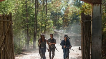 Michonne (Danai Gurira), Rick Grimes (Andrew Lincoln), Tara Chambler (Alanna Masterson) and Daryl Dixon (Norman Reedus) in Episode 15Photo by Gene Page/AMC The Walking Dead