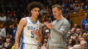 Duke basketball head coach Jon Scheyer and guard Tyrese Proctor (Rob Kinnan-USA TODAY Sports)