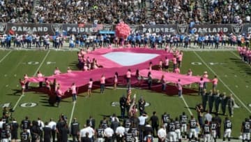 Oct 12, 2014; Oakland, CA, USA; General view of the O.co Coliseum with the pink breast cancer awareness logo on the field before the NFL game between the San Diego Chargers and the Oakland Raiders. Mandatory Credit: Kirby Lee-USA TODAY Sports