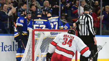 ST. LOUIS, MO- FEBRUARY 04: Blues players celebrate after scoring in the second period during an NHL game between the Carolina Hurricanes and the St. Louis Blues, on February 04, 2020, at Enterprise Center, St. Louis, MO. Photo by Keith Gillett/Icon Sportswire via Getty Images)