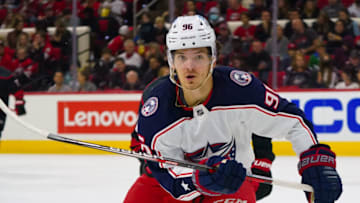 Feb 25, 2022; Raleigh, North Carolina, USA; Columbus Blue Jackets center Jack Roslovic (96) skates against the Carolina Hurricanes during the second period at PNC Arena. Mandatory Credit: James Guillory-USA TODAY Sports