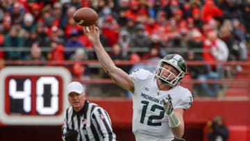 LINCOLN, NE - NOVEMBER 17: Quarterback Rocky Lombardi #12 of the Michigan State Spartans attempts a pass against the Nebraska Cornhuskers in the first half at Memorial Stadium on November 17, 2018 in Lincoln, Nebraska. (Photo by Steven Branscombe/Getty Images)