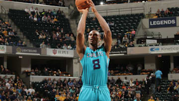 INDIANAPOLIS, IN - APRIL 3: Bismack Biyombo #8 of the Charlotte Hornets shoots against the Indiana Pacers during the game on April 3, 2015 at Bankers Life Fieldhouse in Indianapolis, Indiana. NOTE TO USER: User expressly acknowledges and agrees that, by downloading and/or using this photograph, User is consenting to the terms and conditions of the Getty Images License Agreement. Mandatory Copyright Notice: Copyright 2015 NBAE (Photo by Ron Hoskins/NBAE via Getty Images)
