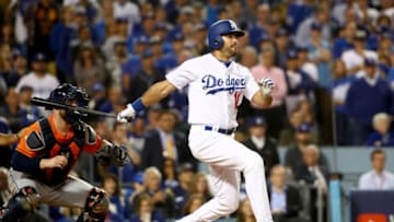 LOS ANGELES, CA - NOVEMBER 01: Andre Ethier #16 of the Los Angeles Dodgers hits a RBI single to score Joc Pederson #31 (not pictured) during the sixth inning against the Houston Astros in game seven of the 2017 World Series at Dodger Stadium on November 1, 2017 in Los Angeles, California. (Photo by Ezra Shaw/Getty Images)