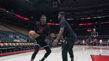 Miami Heat forward Udonis Haslem (40) controls the ball as forward Jimmy Butler (22) tries to defend( Nick Turchiaro-USA TODAY Sports)