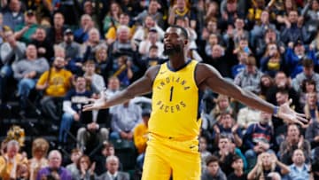INDIANAPOLIS, IN - NOVEMBER 24: Lance Stephenson #1 of the Indiana Pacers reacts after making a shot in the second half of a game against the Toronto Raptors at Bankers Life Fieldhouse on November 24, 2017 in Indianapolis, Indiana. The Pacers won 107-104. NOTE TO USER: User expressly acknowledges and agrees that, by downloading and or using the photograph, User is consenting to the terms and conditions of the Getty Images License Agreement. (Photo by Joe Robbins/Getty Images)