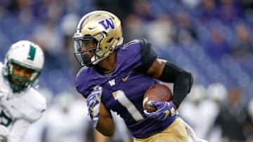Sep 17, 2016; Seattle, WA, USA; Washington Huskies wide receiver John Ross (1) rushes the ball against the Portland State Vikings during the second half at Husky Stadium. Mandatory Credit: Jennifer Buchanan-USA TODAY Sports