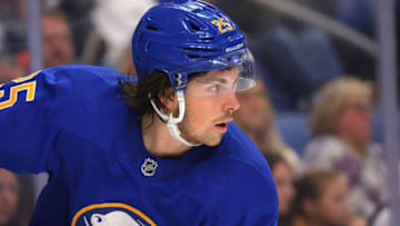 Sep 27, 2022; Buffalo, New York, USA; Buffalo Sabres defenseman Owen Power (25) during the third period against the Philadelphia Flyers at KeyBank Center. Mandatory Credit: Timothy T. Ludwig-USA TODAY Sports