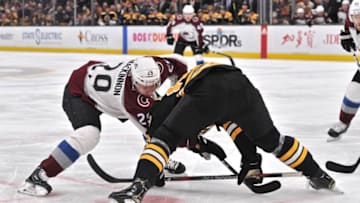 BOSTON, MA - FEBRUARY 10: Colorado Avalanche Center Nathan MacKinnon (29) battles and wins the face off. During the Colorado Avalanche game against the Boston Bruins on February 10, 2019 at TD Garden in Boston, MA.(Photo by Michael Tureski/Icon Sportswire via Getty Images)