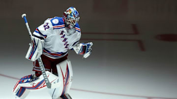 Dec 20, 2016; Pittsburgh, PA, USA; New York Rangers goalie Antti Raanta (32) takes the ice before playing the Pittsburgh Penguins at the PPG PAINTS Arena. Mandatory Credit: Charles LeClaire-USA TODAY Sports