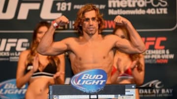 Dec 5, 2014; Las Vegas, Nevada, USA; Urijah Faber weighs in for his bout against Francisco Rivera (not pictured) during the UFC 181 weigh-ins at Mandalay Bay Events Center. Mandatory Credit: Joe Camporeale-USA TODAY Sports