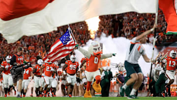 MIAMI GARDENS, FL - NOVEMBER 11: The Miami Hurricanes take the field during a game against the Notre Dame Fighting Irish at Hard Rock Stadium on November 11, 2017 in Miami Gardens, Florida. (Photo by Mike Ehrmann/Getty Images)